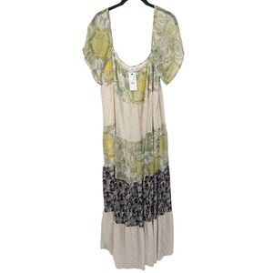 Boho Cottagecore Maxi Dress Womens Large Green Paisley Patchwork Urban Daizy NWT